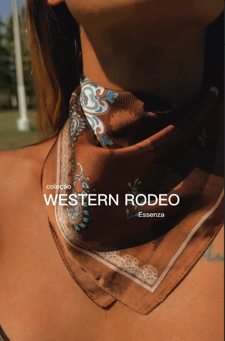 Coleção Western Rodeo Essenza - Detalhe de lenço estampado marrom no pescoço